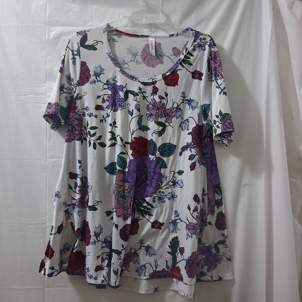 LuLaRoe‎ Large Floral Tunic Top Short Sleeve White Red Purple Casual